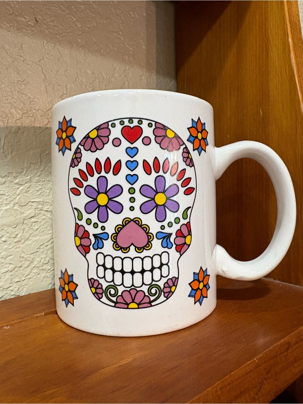White Sugar Skull Ceramic Mug with Colorful Floral Décor